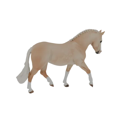 3D model of a Palomino horse walking, with a golden coat and braided mane, against a white background.
