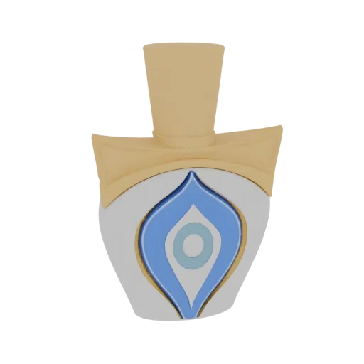 Render 3D de um frasco de perfume cor creme com design de Olho Grego azul e branco e tampa bege, contra um fundo branco.