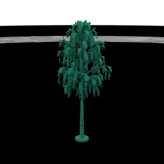 Rendu 3D d'un arbre stylisé bleu sarcelle avec un tronc fin et une canopée pleine parsemée de baies rouges, sur fond noir.