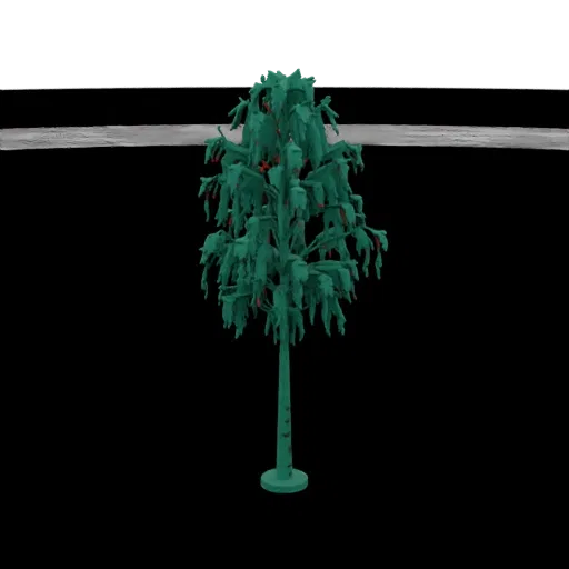 A 3D render of a stylized teal tree with a slender trunk and a full canopy dotted with red berries, set against a black backg