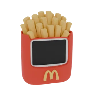 Modelo 3D de papas fritas de McDonald's en caja roja con pantalla negra en blanco al frente y logo dorado 'M'.