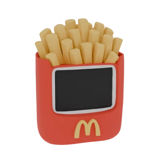 Modelo 3D de batatas fritas do McDonald's em embalagem vermelha com tela preta em branco na frente e logo dourado 'M'.