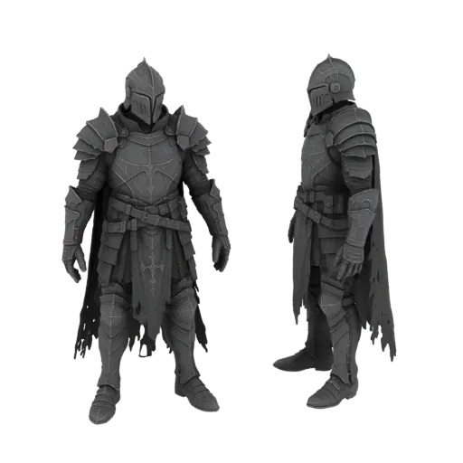 Ein 3D-Modell einer vollständigen Rüstung des Düsteren Ritters, von vorne und von der Seite gezeigt, mit einem dunklen, verwi