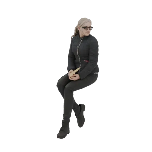 3D model of a woman with blonde hair, wearing glasses and a black padded jacket, sitting and holding a book.
