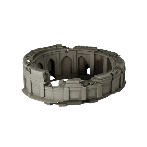 Abandoned Shrine Ruins Realistic 3D model, three-quarter environment render, showing aged stone, built remnants.