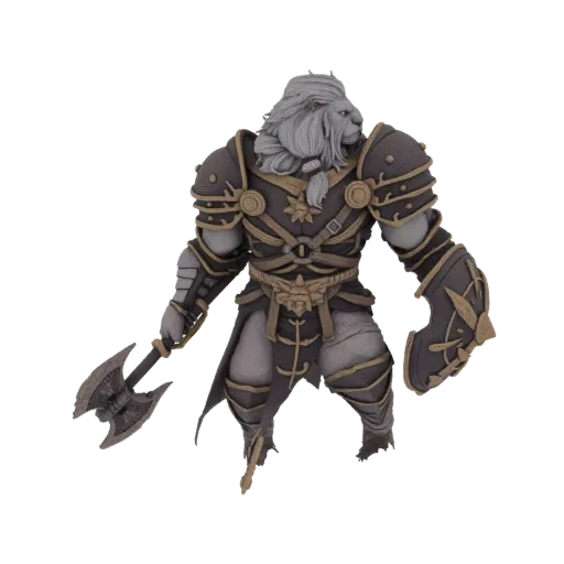 3D model of a Lion Warrior in armor, holding a battle axe, with a lion's head and flowing mane.