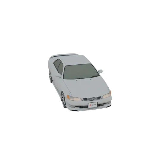 Um modelo 3D de um sedã branco dos anos 90, visto de um ângulo frontal esquerdo ligeiramente elevado contra um fundo branco.