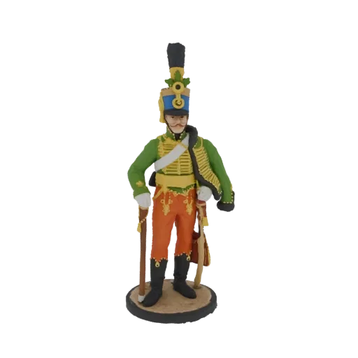3D model of a French Hussar soldier in a green jacket, orange trousers, and black bicorne hat, standing with a saber.