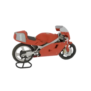 3D-Modell eines roten Rennmotorrads mit der weißen Nummer „1“ auf grauem Hintergrund am Heck, präsentiert auf einem schwarzen