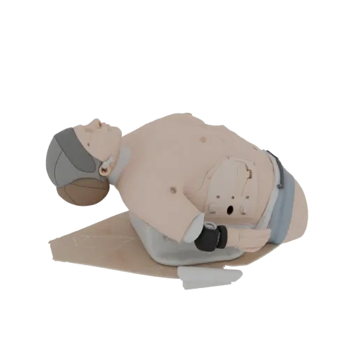 Modelo 3D de Treinador Cirúrgico de RCP, vista de perfil lateral, renderização de viewport técnico, mostrando detalhes de mat