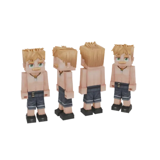 A 3D render of a blocky boy character with blonde hair, green eyes, wearing shorts and a necklace, shown from multiple angles.