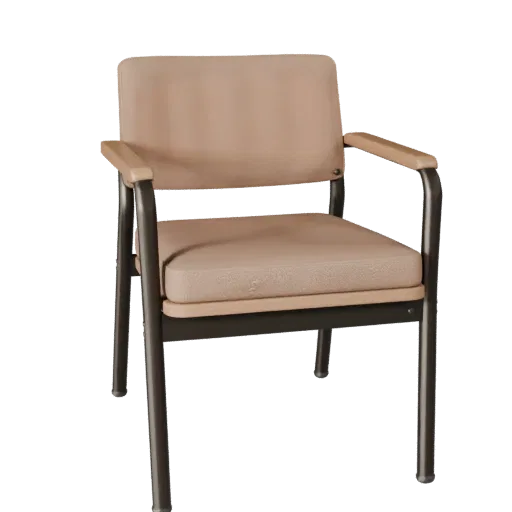 Industrial Accent Chair Product Viz 3D model, home interior, three-quarter studio product render, wood detail.