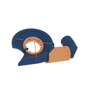 3D render of a blue and orange tape dispenser with a serrated cutting edge and orange spool holder.