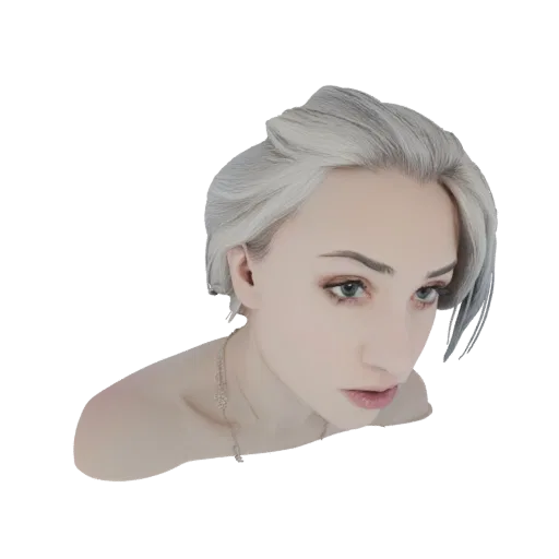 3D model of an elegant woman with short silver hair, wearing a delicate necklace, looking thoughtfully downwards.