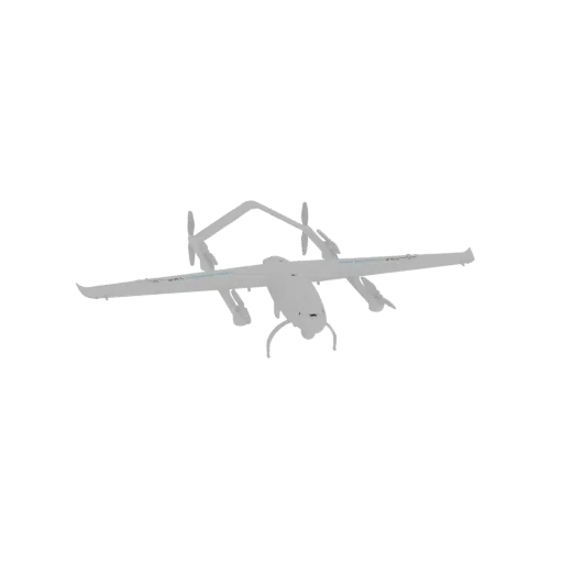 Modello 3D di drone VTOL grigio con doppia elica, visto da un'angolazione frontale leggermente elevata.