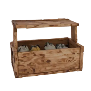 Modelo 3D de caja de madera con cuatro sacos dentro, vista frontal