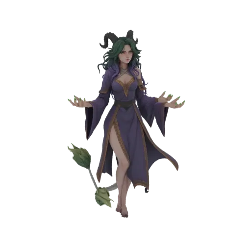 3D model of a fantasy sorceress with dark horns, flowing purple robes, and glowing green fingertips, arms outstretched.