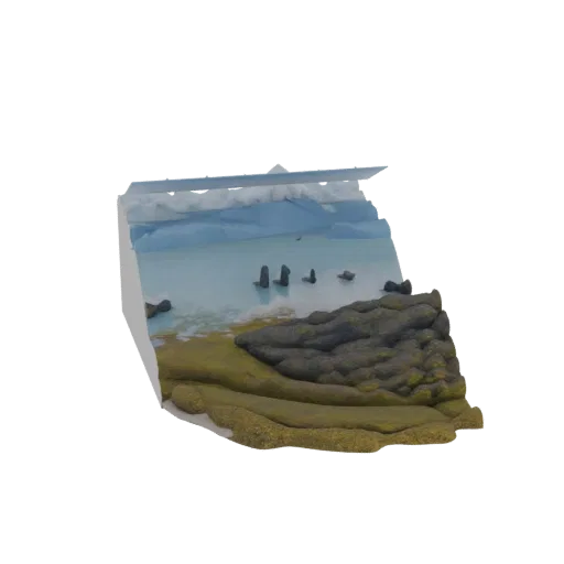 3D diorama model of the Three Brothers Rocks in Iceland, showing sea stacks, rocky coast, and icy water.