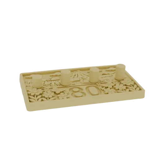 3D model of a Japanese landscape with cherry blossoms and the number '80' carved into a relief.