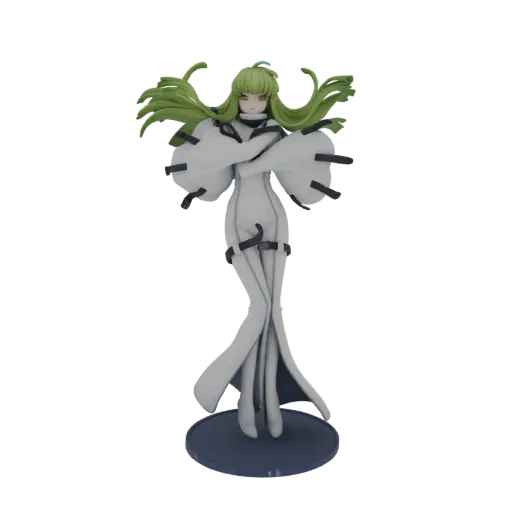 Modelo 3D de una chica anime con cabello verde vistiendo un vestido blanco, de pie en pose dinámica sobre una base azul oscur