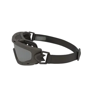 Side view of a 3D model of dark grey tactical goggles with mirrored lenses and an adjustable strap.