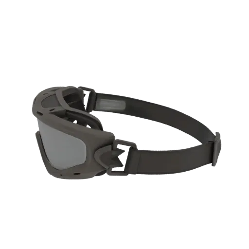 Side view of a 3D model of dark grey tactical goggles with mirrored lenses and an adjustable strap.