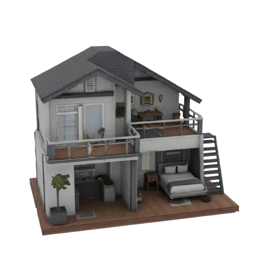 3D model of a modern two-story house with balcony, kitchen, and bedroom, side view
