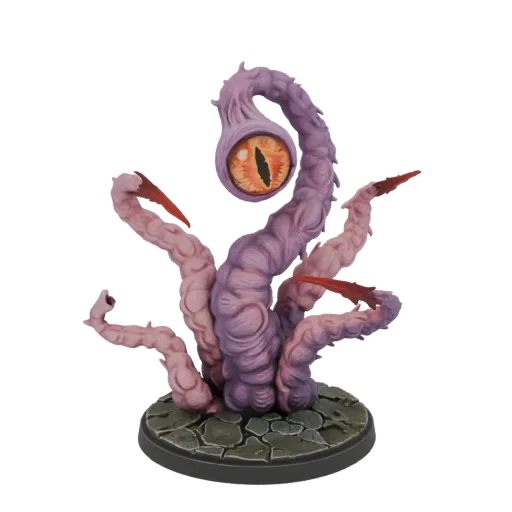 3D model of a purple tentacle monster with a large orange eye, standing on a stone-textured base.