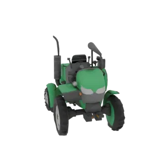 3D model of a green compact tractor with a tall exhaust stack, viewed from the front.