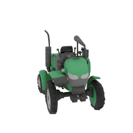3D model of a green compact tractor with a tall exhaust stack, viewed from the front.