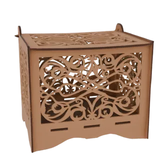 Un rendering 3D di una scatola in legno ornamentata e intagliata al laser con intricati motivi vorticosi sui lati e sulla par