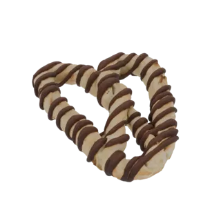 A 3D model of a pretzel cookie with dark chocolate drizzled over its twisted shape, isolated on a white background.