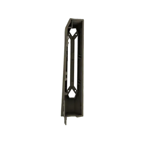 Side view of a 3D model of a grey industrial bracket with visible internal support structures.
