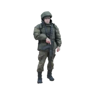 3D model of a Russian soldier in camouflage uniform, standing with an assault rifle, rendered against a white background.