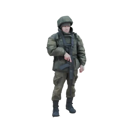 Modello 3D di un soldato russo in uniforme mimetica, in piedi con un fucile d'assalto, renderizzato su sfondo bianco.