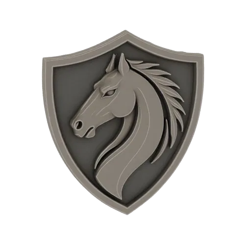 3D render of a metallic, embossed horse head emblem on a dark background.