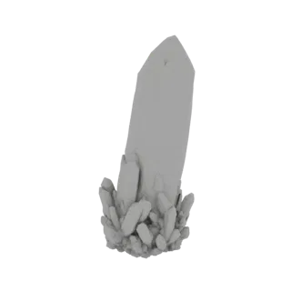 3D-Modell eines Clusters aus scharfen, grauen Kristallen mit einem großen zentralen Kristall, umgeben von kleineren Formation