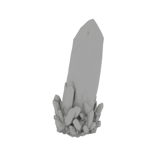 3D-Modell eines Clusters aus scharfen, grauen Kristallen mit einem großen zentralen Kristall, umgeben von kleineren Formation