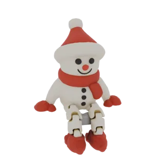 3D-Modell eines niedlichen, artikulierten Schneemanns mit roter Weihnachtsmann-Mütze und Schal, mit segmentierten Gliedmaßen