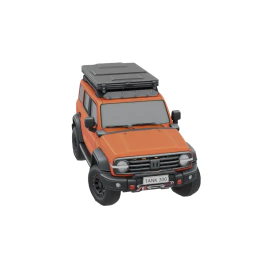 3D model of an orange off-road SUV with a black rooftop tent, viewed from a slightly elevated front-right angle.