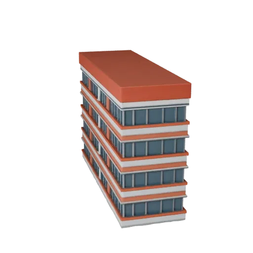 Office Facade low poly 3D model, game-ready exterior view, showing building facade materials and architectural detail