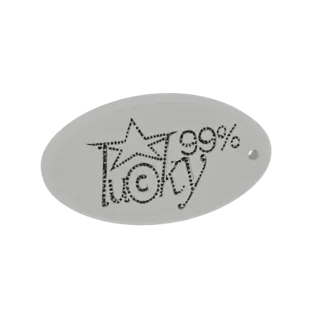 3D model of a light gray oval charm with 'Lucky 99%' text and a star design, rendered on a white background.