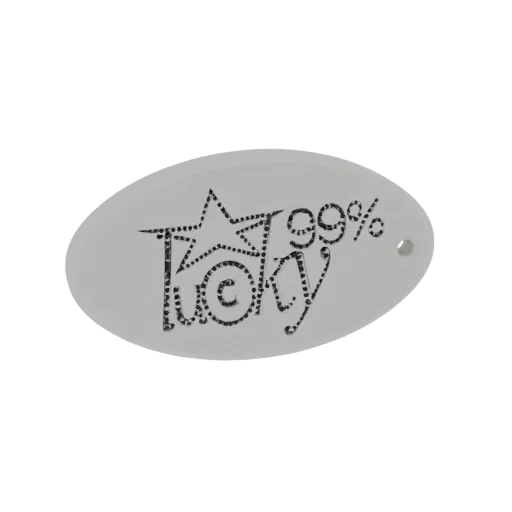 Modelo 3D de amuleto oval gris claro con texto 'Suerte 99%' y diseño de estrella, renderizado sobre fondo blanco.