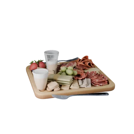 Picnic Charcuterie Board High Poly 3D model, close-up studio render, showing ceramic, arranged serving layout.