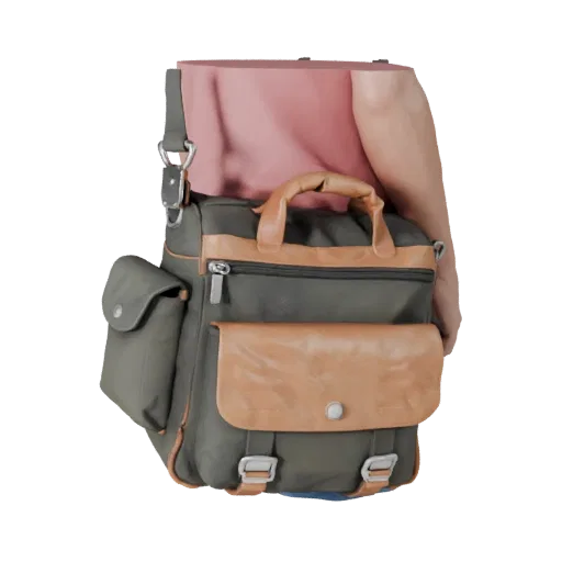Utility Crossbody Bag 3D model, three-quarter front view, Unity viewport, showing leather, bag volume.