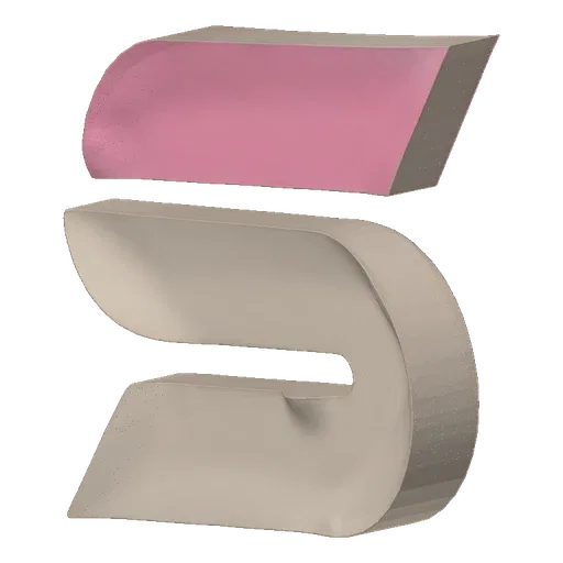 3D model of an abstract sculpture shaped like an 'S', with a beige lower section and a bright pink upper section, against a w