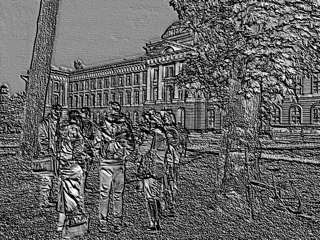 Modèle 3D de bas-relief avec un groupe de personnes et un bâtiment, style sculpture sur pierre