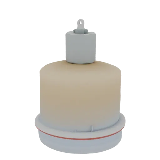 3D render of a frosted cylindrical container with a light gray cap featuring a hanging loop and a thin red band around its ba