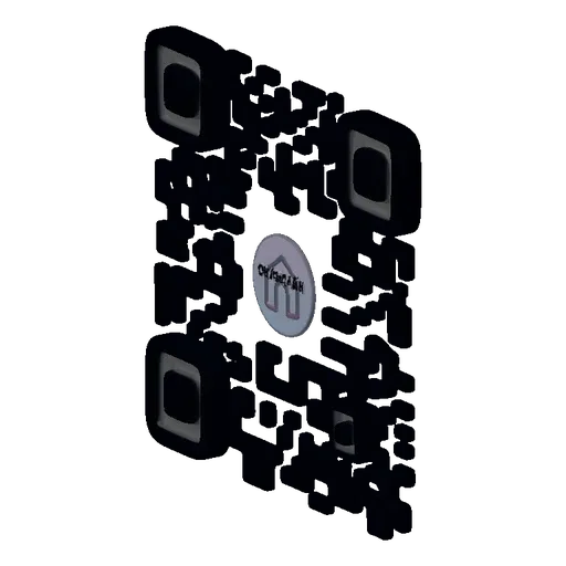 A 3D render of a dark gray QR code with a stylized house logo in the center, set against a light, textured background.