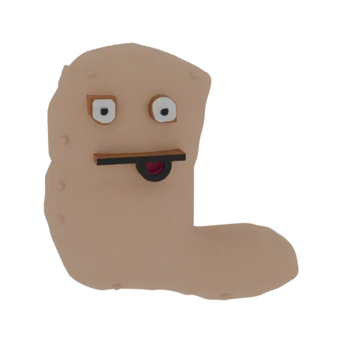 A 3D render of a cartoonish potato character with a brown mustache and a pink tongue sticking out, against a black background